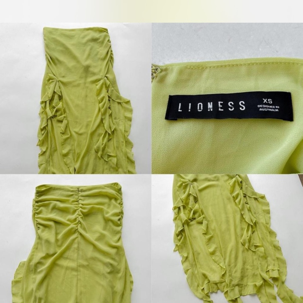 Lioness Lime Chiffon Maxi Skirt with Asymmetrical Hem, Ruching, and Ruffles - Picture 2 of 9
